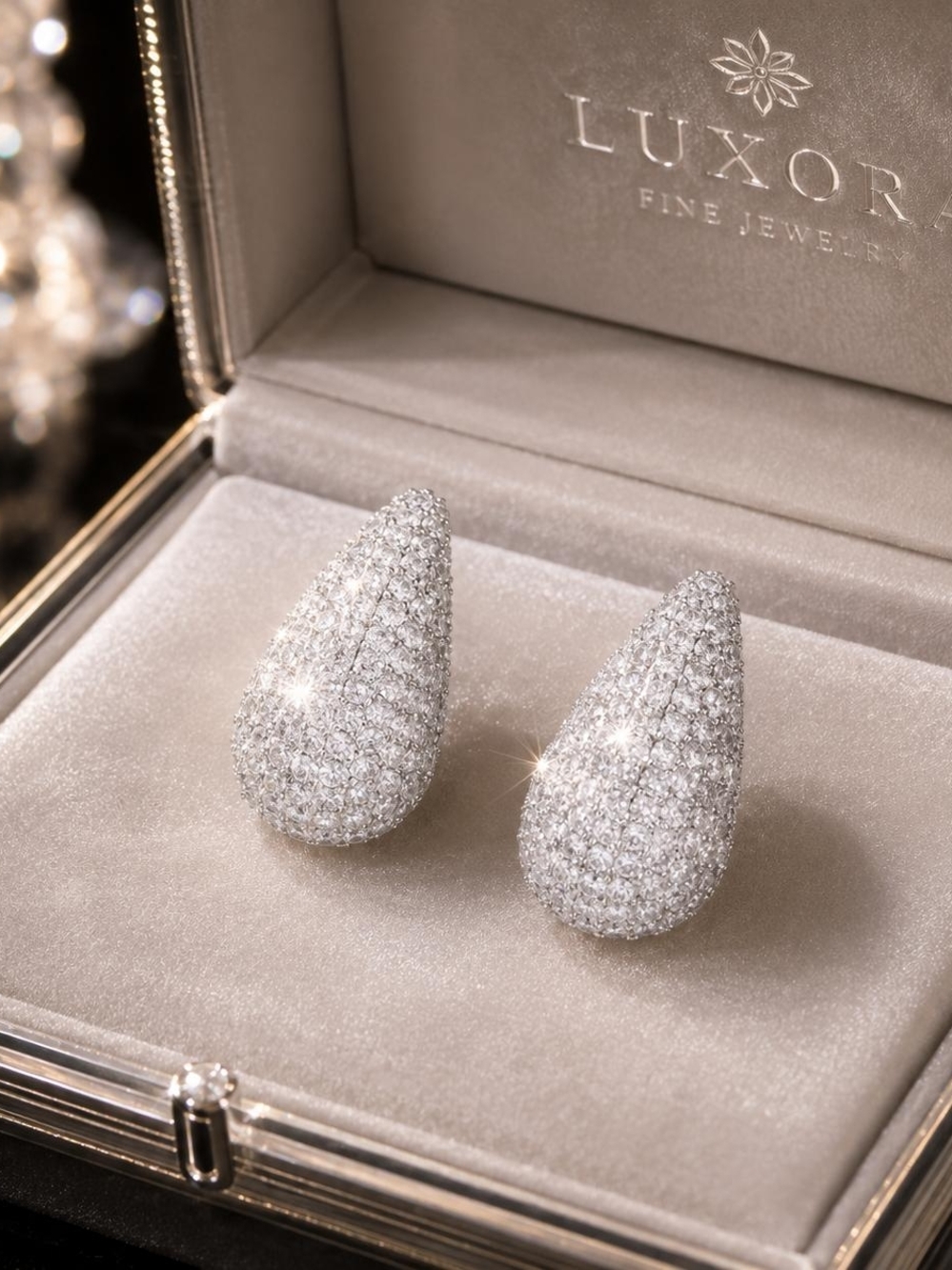 Silver Pave Teardrop Hoop Earrings - Picture 2 of 4